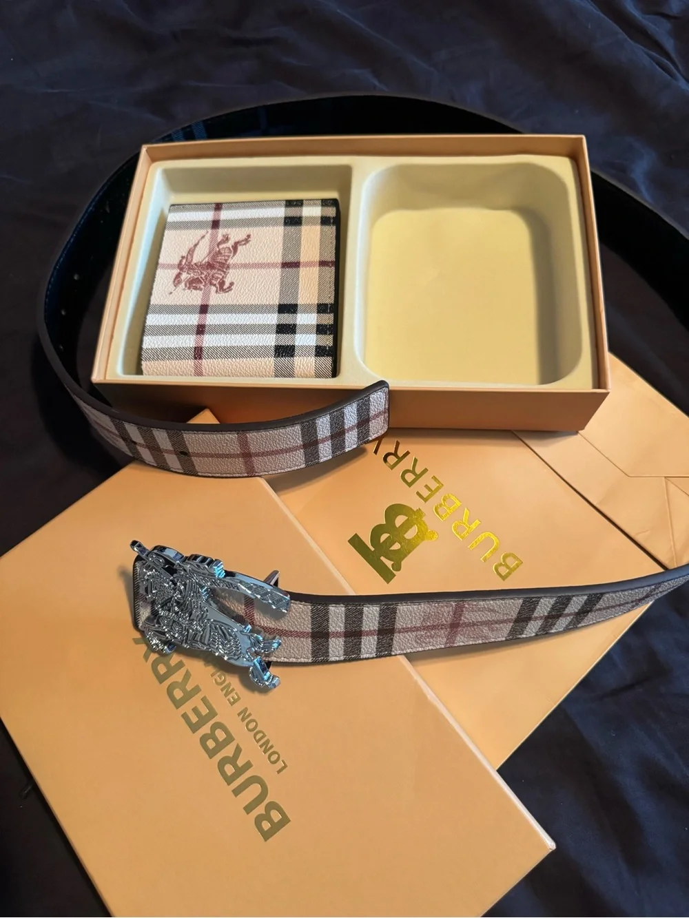 Burberry Beige Plaid Belt with Silver Crest Buckle